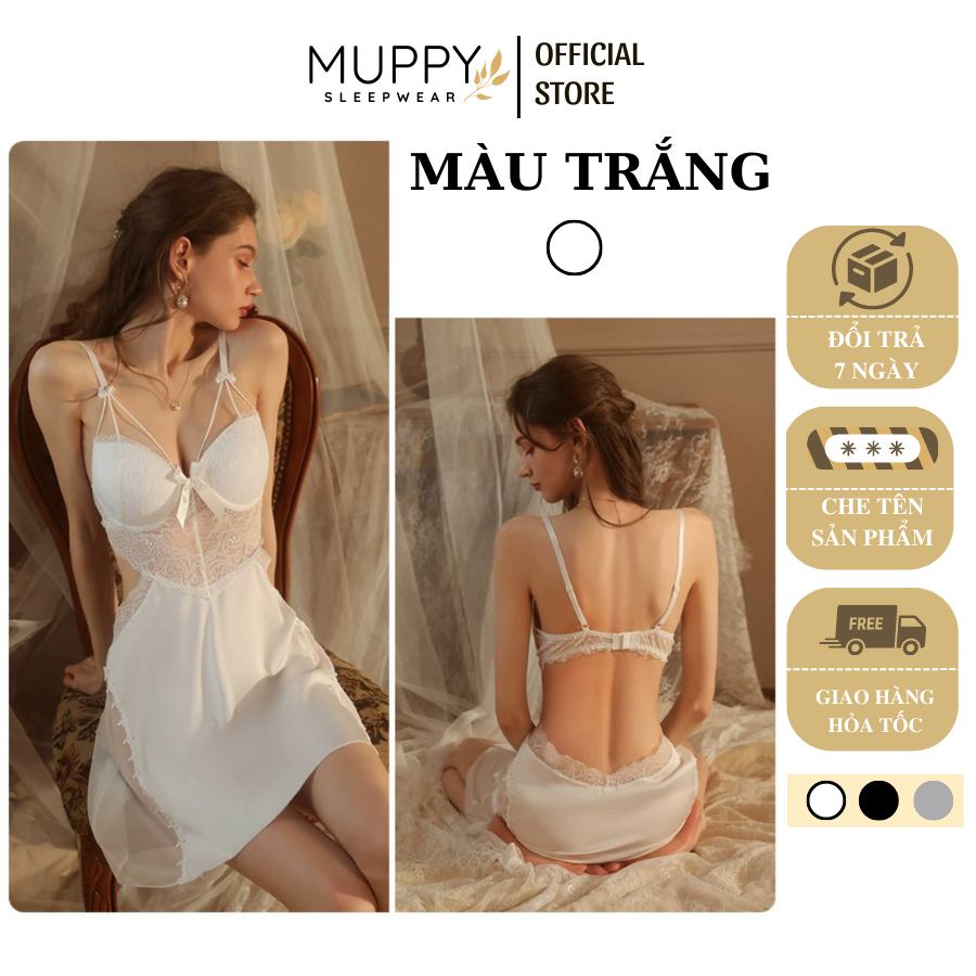 V13 Đầm Ngủ Phối Ren MUPPY Sexy 2 Dây Khoét Lưng Gợi Cảm Có Gọng Đệm Mỏng Nâng Ngực