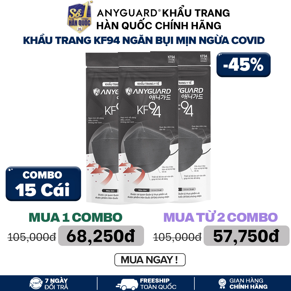 Combo 15 Chiếc Khẩu Trang KF94 Form 3D 4 Lớp Ngăn Bụi Mịn Bảo Vệ Hệ Hô Hấp Chính Hãng ANYGUARD Hàn Quốc-Màu Đen