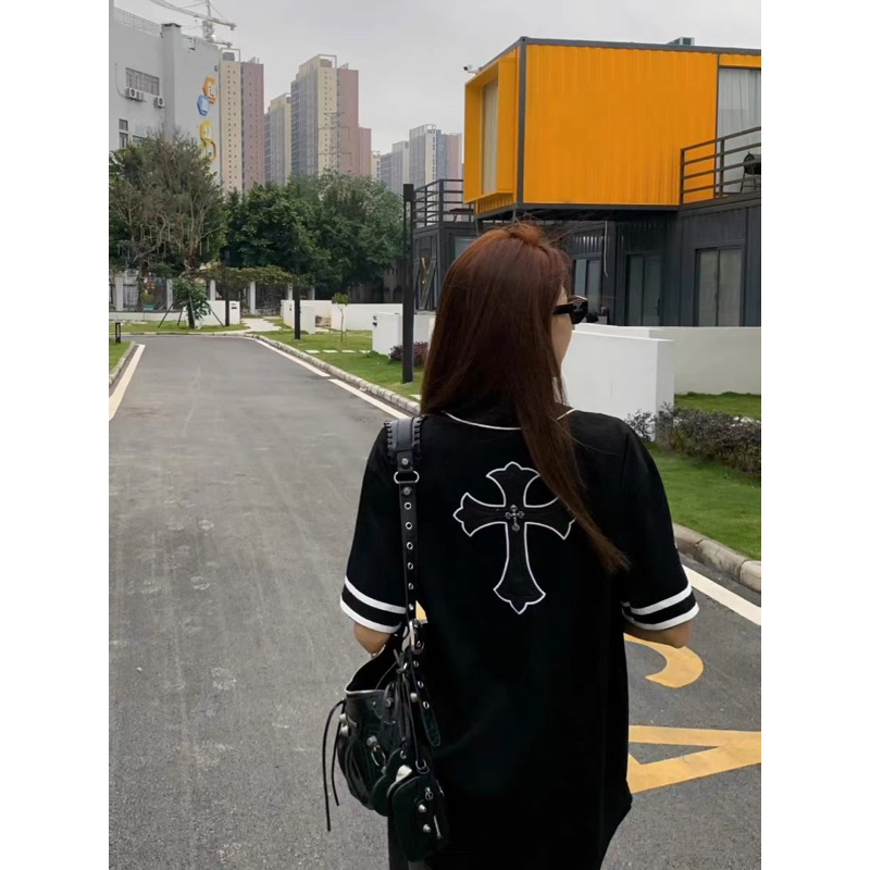 Áo khoác bóng chày - Chrome Hearts - CH logo thánh giá da black kim loại