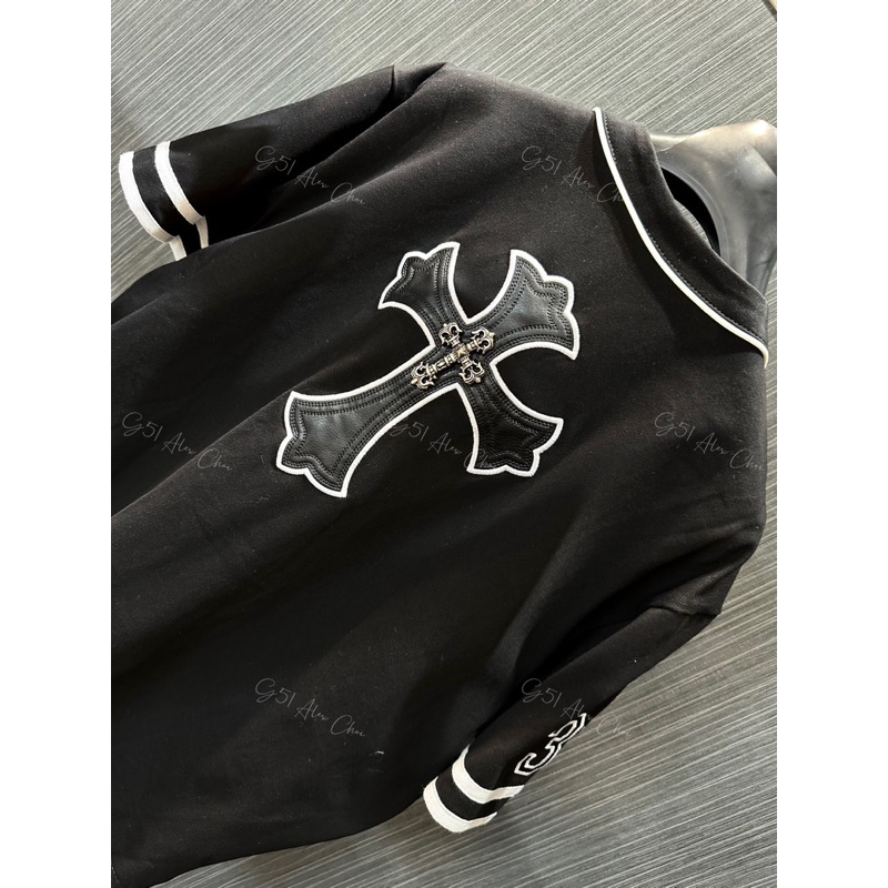 Áo khoác bóng chày - Chrome Hearts - CH logo thánh giá da black kim loại