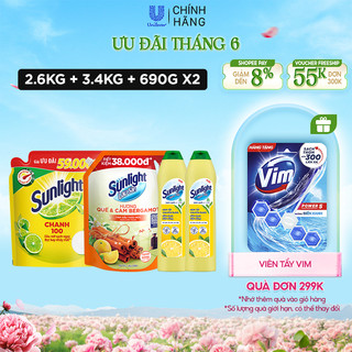 Combo 4 trọn bộ sunlight dọn tết: nước rửa chén chanh 2.6kg + nước lau sàn quế cam 3.4kg + 2 kem tẩy 690g