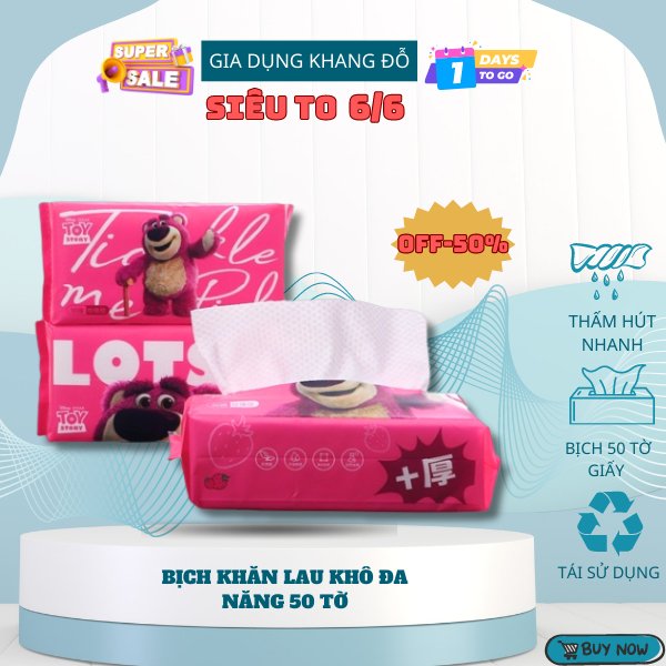 Khăn giấy khô,Bịch khăn giấy lau khô gấu dâu 50 tờ,khăn lau đa năng lau khô lau ướt