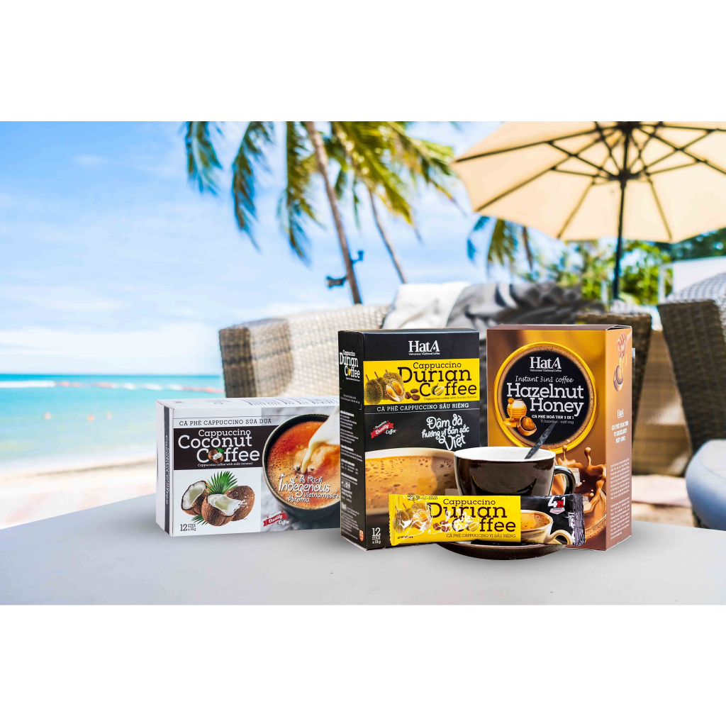 Combo 3 hộp cà phê hòa tan Hạt A  Cafe vị capuchino sữa dừa, capuchino sầu riêng, hạt dẻ mật ong