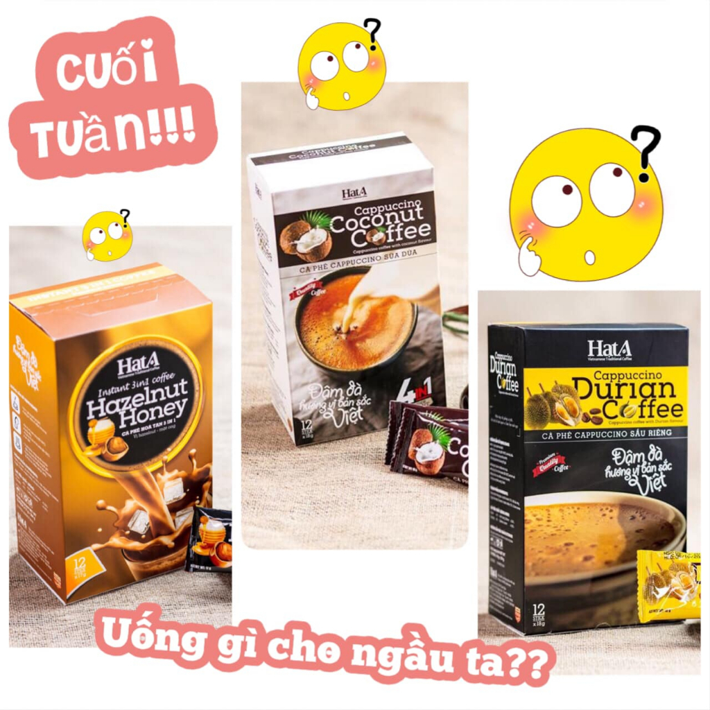 Combo 3 hộp cà phê hòa tan Hạt A  Cafe vị capuchino sữa dừa, capuchino sầu riêng, hạt dẻ mật ong