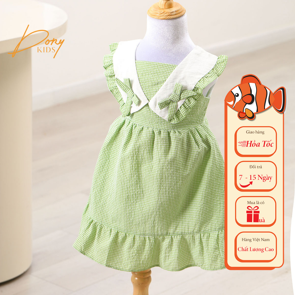 Váy Bé Gái Sát Nách, Sọc Caro, Cổ V Đính Hai Nơ Nhỏ, Chất Liệu Vải Thô Cotton Hai Lớp Thoáng Mát Thấm Hút Mồ Hôi