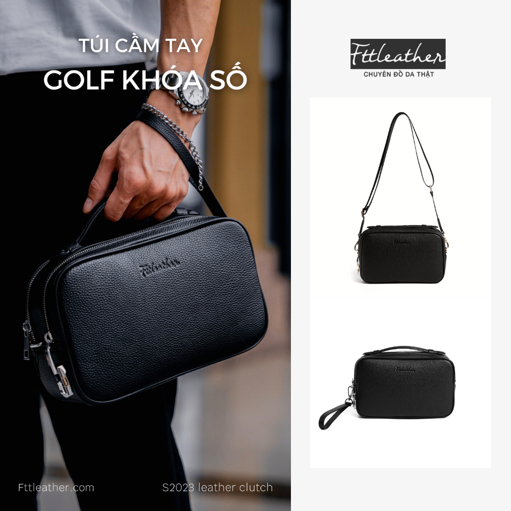 Túi Golf Cầm Tay Kết Hợp Đeo Chéo FTT Leather Da Bò Dáng Hộp 2 Ngăn Kéo Có Khóa Số Bảo Mật