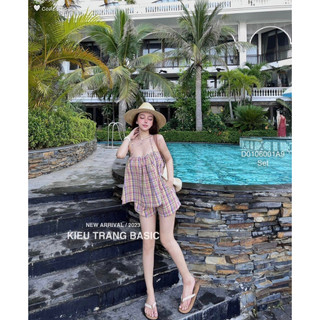 ☀️ sét bộ đùi áo 2 dây kẻ caro phối quần short - hàng cao cấp