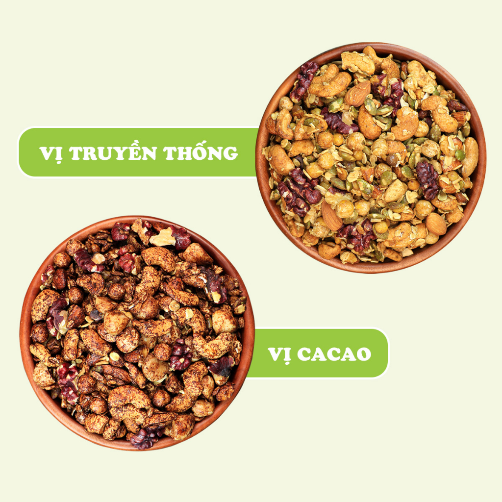 Granola nướng giòn tan, Túi 150g/400g, Dùng mật dừa nước, 0 trái cây sấy, GI Thấp - Hạt ngũ cốc giảm cân - HeydayCacao