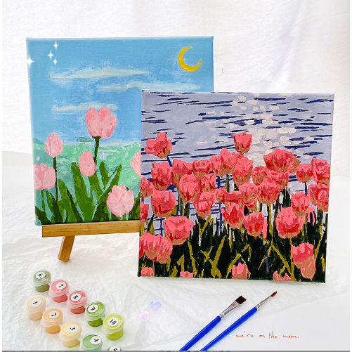 Tranh tô màu theo số hoa cúc linh lan tulip hướng dương TTM1a Tranh sơn dầu số hóa tự tô căng sẵn khung DIY 20x20cm
