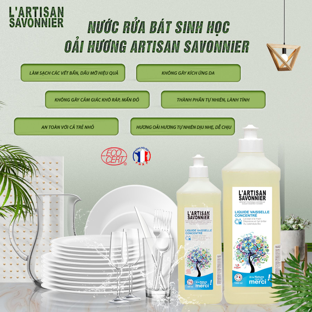 Nước rửa bát sinh học oải hương Artisan Savonnier 1L nội địa Pháp  không gây kích ứng an toàn với da tay