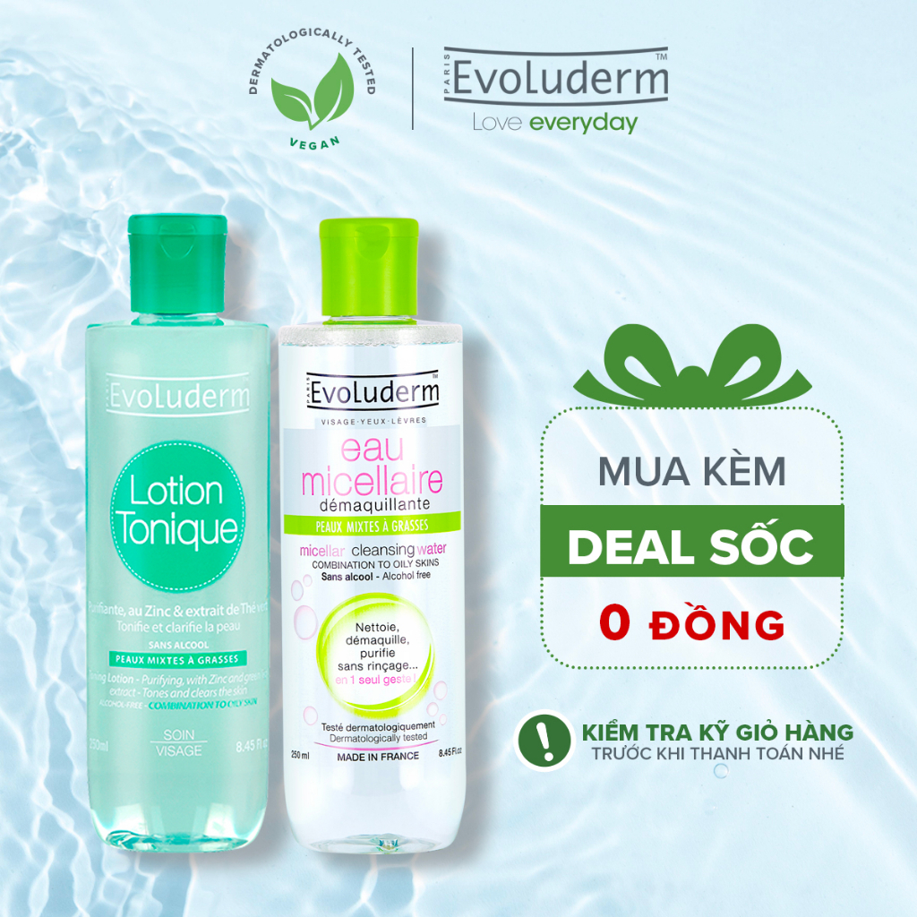 Bộ 2 nước hoa hồng và nước tẩy trang Evoluderm 250ml dành cho da hỗn hợp dầu mụn