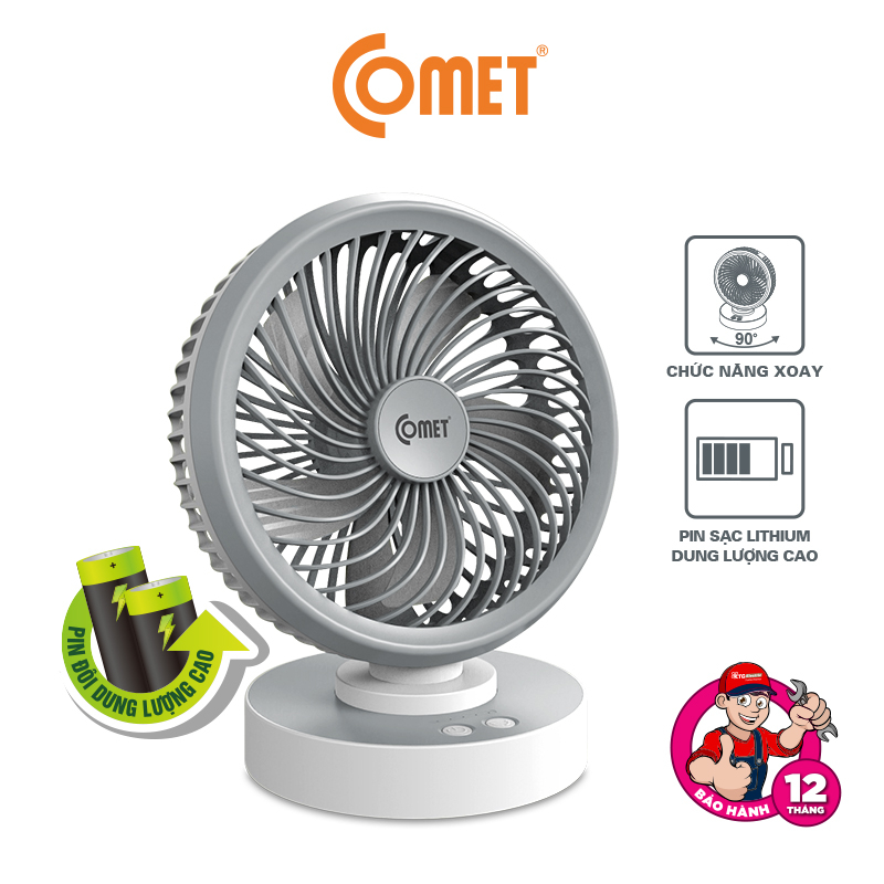 Quạt Sạc Tích Điện Để Bàn Đa Năng COMET CRF1506 7W, 4 Cấp Độ Gió, Xoay 90 Độ, Để Bàn Văn Phòng