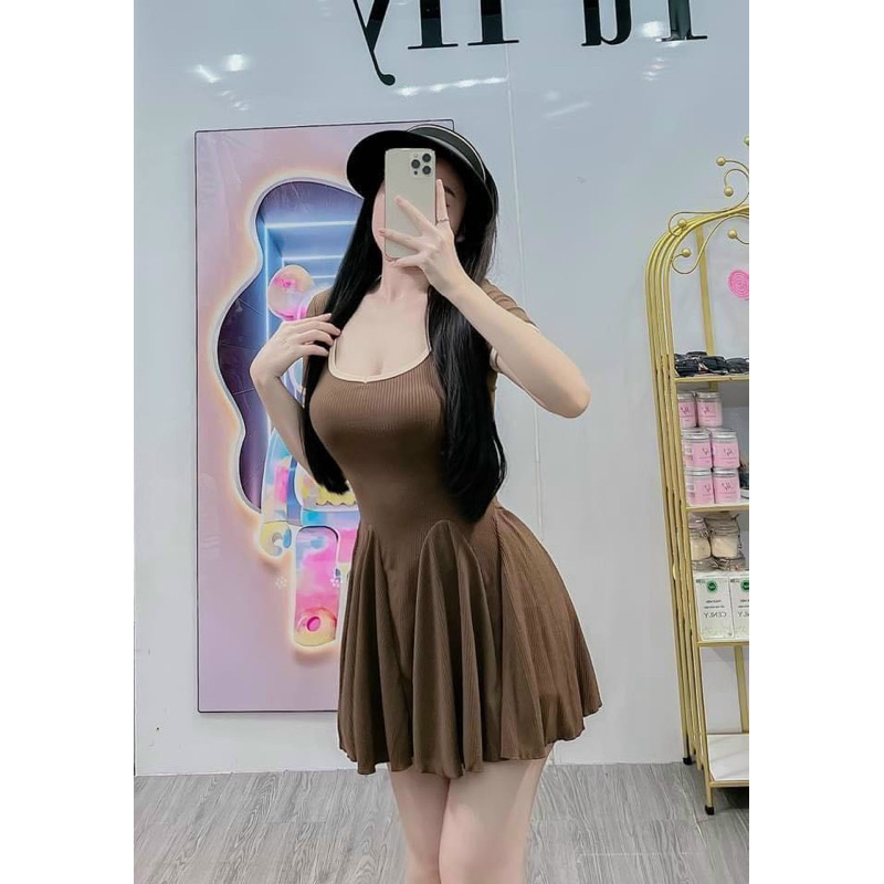 Đầm xoè chất thun gân siêu tôn dáng TRIPBLE T DRESS - Free size dưới 54kg