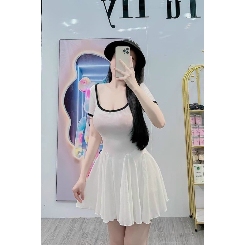 Đầm xoè chất thun gân siêu tôn dáng TRIPBLE T DRESS - Free size dưới 54kg