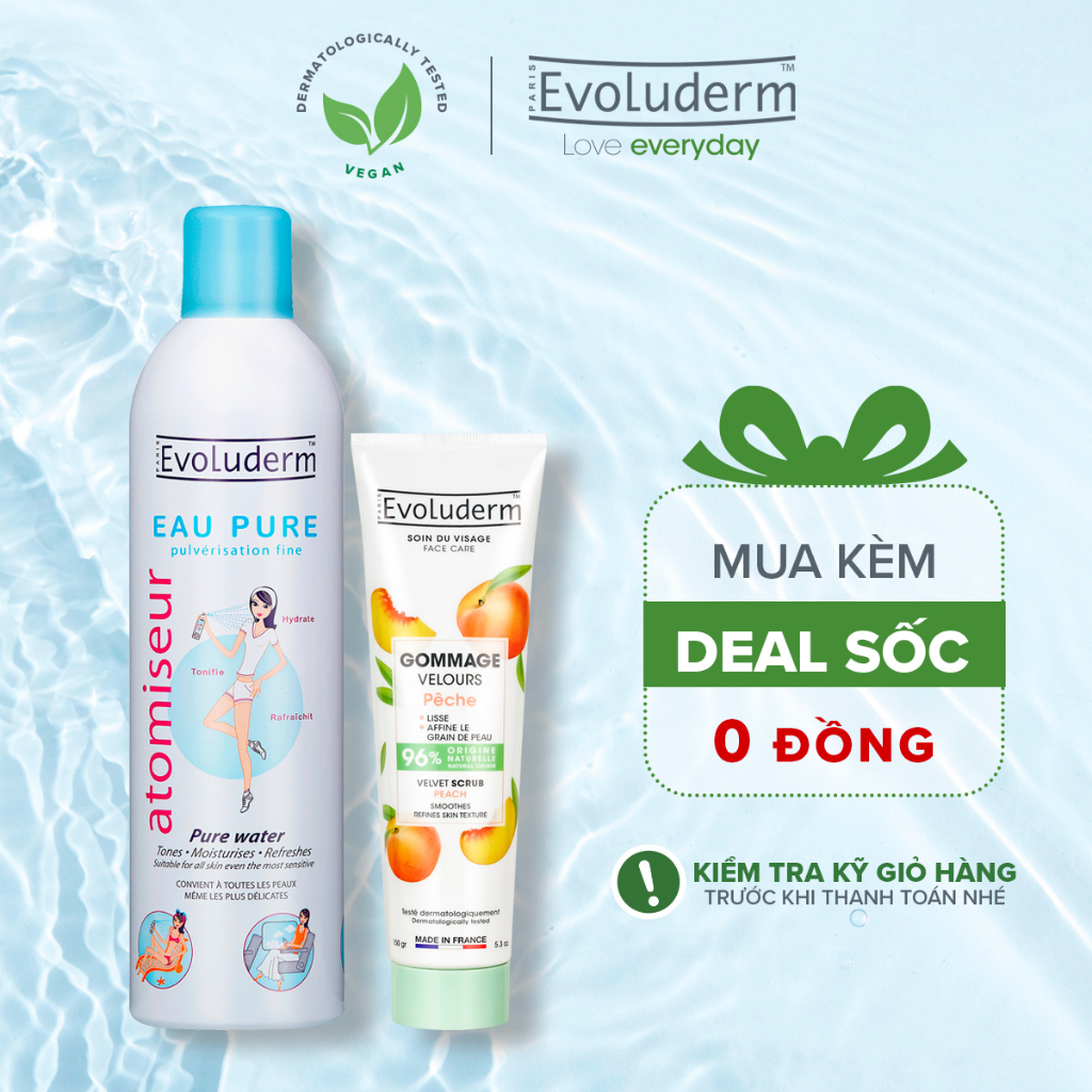 Bộ đôi Xịt khoáng cấp nước dưỡng ẩm cho da Evoluderm 400ml và Tẩy tế bào chết dành cho mặt tinh chất Đào 150ml