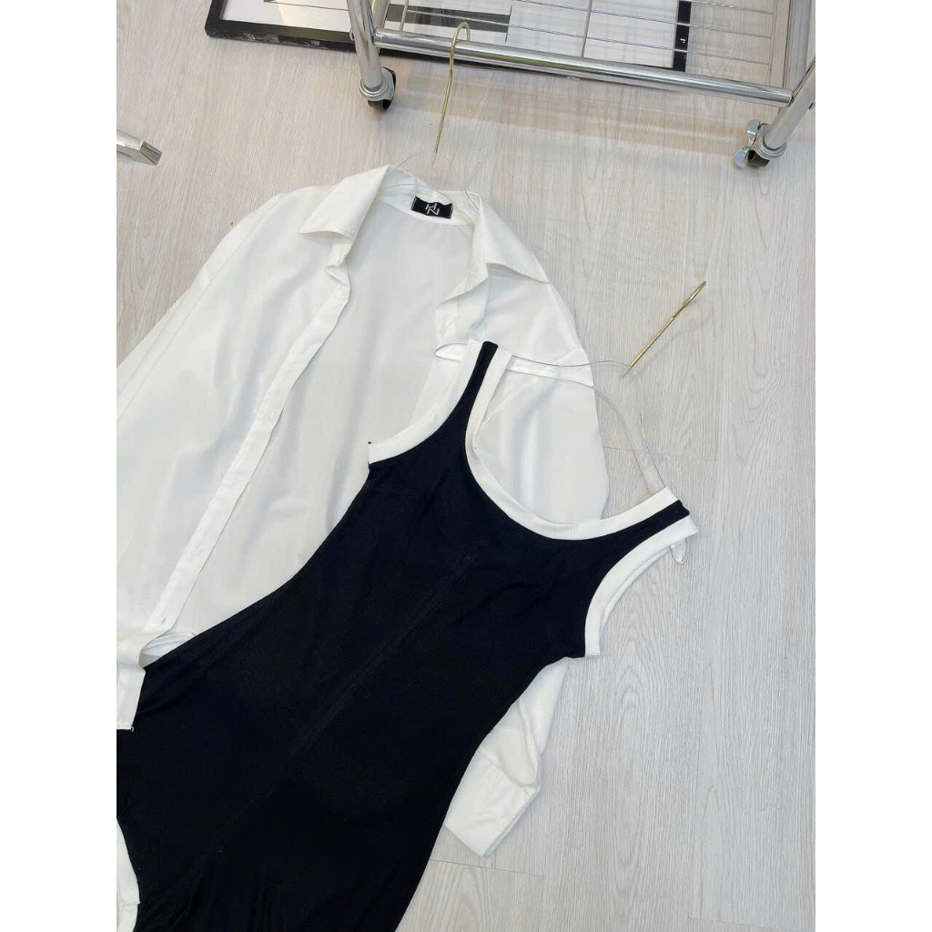 [6,6 Sales Freeship] Set đầm 2 món đi biển, set jum đùi đen phối viền trắng 2 dây kèm áo khoác sơ mi trắng tay dài mtb