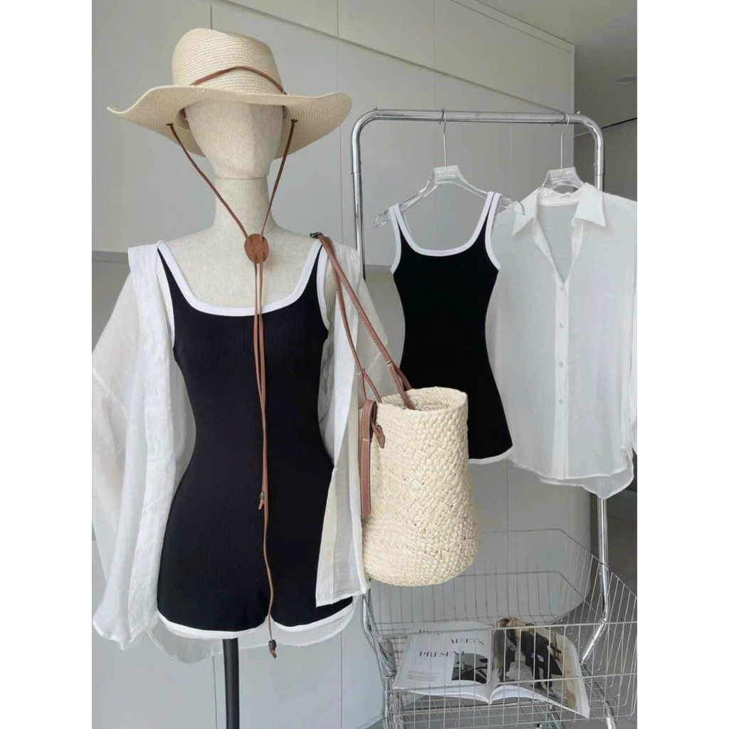 [6,6 Sales Freeship] Set đầm 2 món đi biển, set jum đùi đen phối viền trắng 2 dây kèm áo khoác sơ mi trắng tay dài mtb