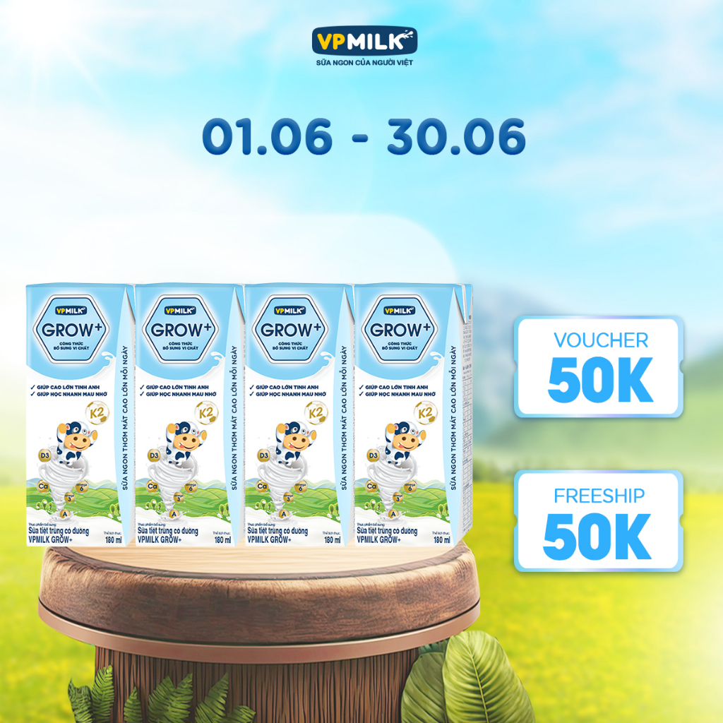 Sữa tươi tiệt trùng VPMilk Grow+ ít đường hộp 180ml