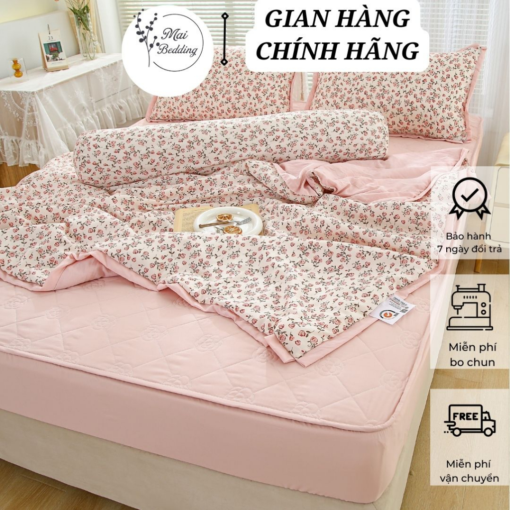 Bộ Đũi Chăn Hè Ga Trần Bông 5 Món Maibedding Thanh Lịch Khô Thoáng Mềm Mịn Phong Cách Hàn Quốc Không Bai Phai Xù