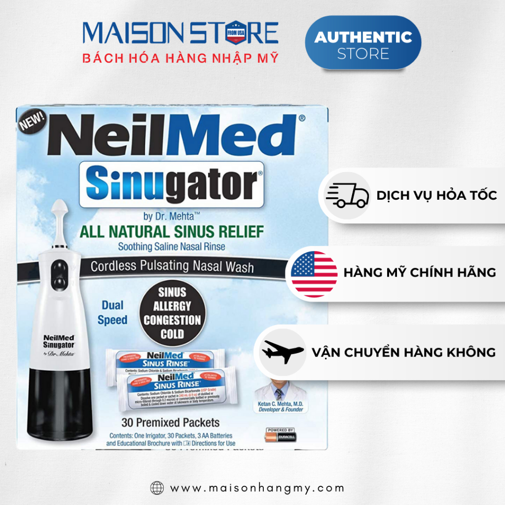 MÁY XỊT RỬA MŨI DÙNG PIN NEILMED SINUGATOR KÈM 30 GÓI MUỐI - Hàng Nhập USA Chính Hãng