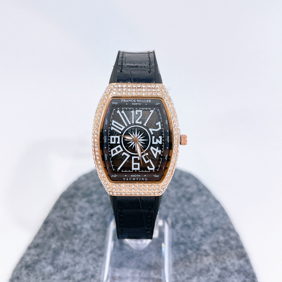 Đồng hồ nữ đính đá Franck Muller, size mặt 32mm, dây cao su kết hợp da sang trọng, chống nước 3ATM, kính chống trày