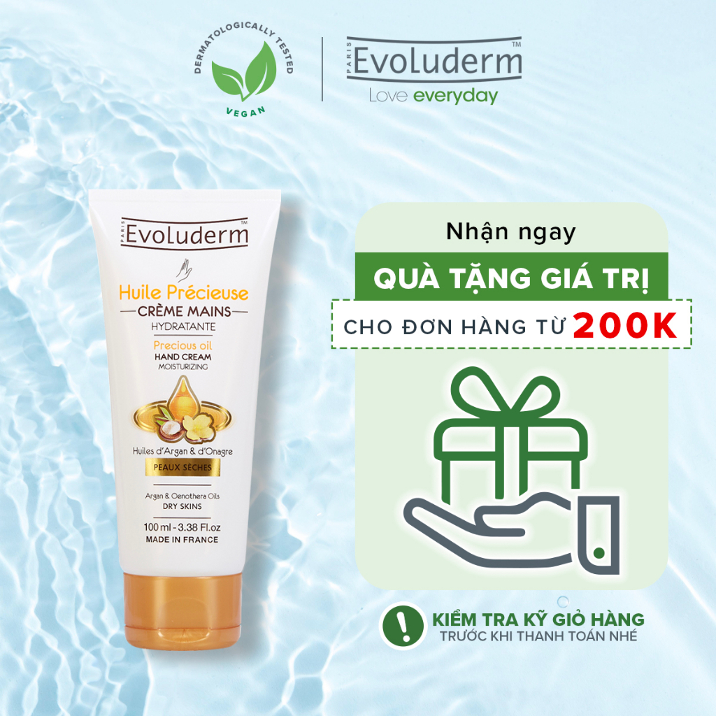 Kem dưỡng da tay Evoluderm dưỡng ẩm nuôi dưỡng chiết xuất tinh dầu Argan và Hoa Anh Thảo - 100ml