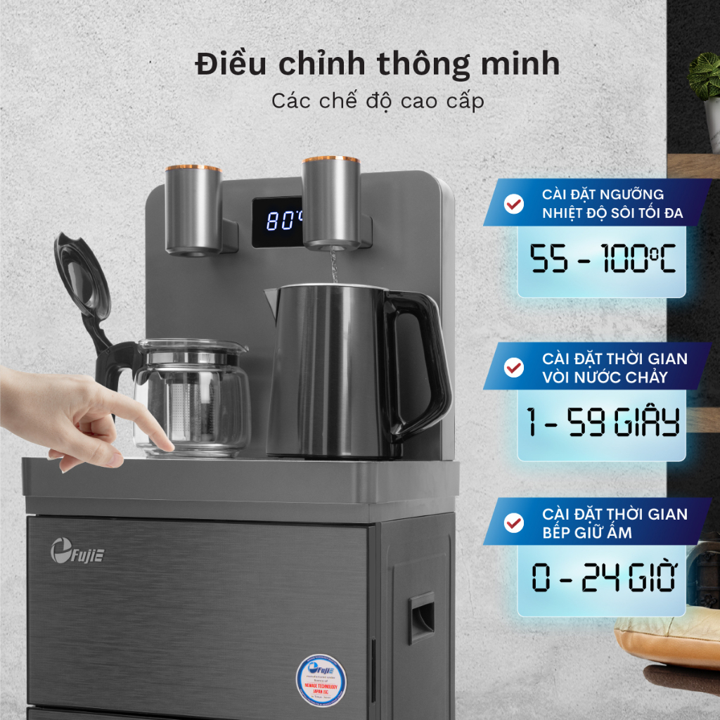 Cây nước nóng lạnh bàn trà nhập khẩu FUJIE TBH1332E Điều khiển máy từ xa - Cài nhiệt độ sôi từ 50 đến 100 độ C