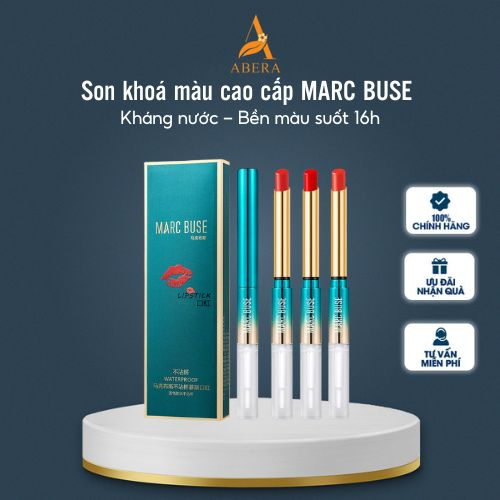 Son khoá màu MARC BUSE 2 trong 1 tích hợp son bóng khoá màu son siêu lì nhờ vào lớp son bóng khóa màu combo 3 màu hot