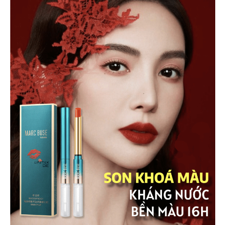 Son khoá màu MARC BUSE 2 trong 1 tích hợp son bóng khoá màu son siêu lì nhờ vào lớp son bóng khóa màu combo 3 màu hot