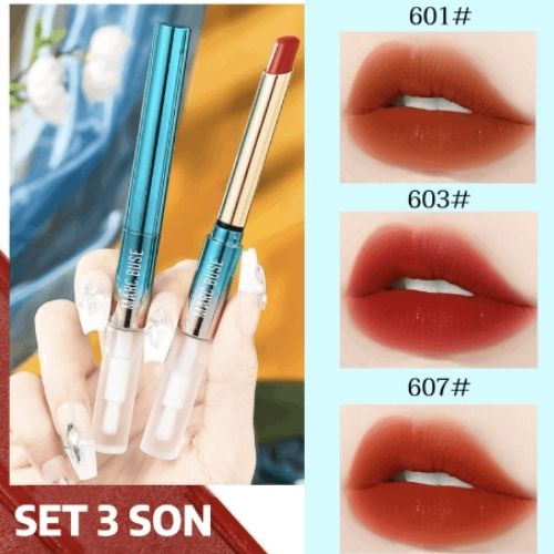 Son khoá màu MARC BUSE 2 trong 1 tích hợp son bóng khoá màu son siêu lì nhờ vào lớp son bóng khóa màu combo 3 màu hot
