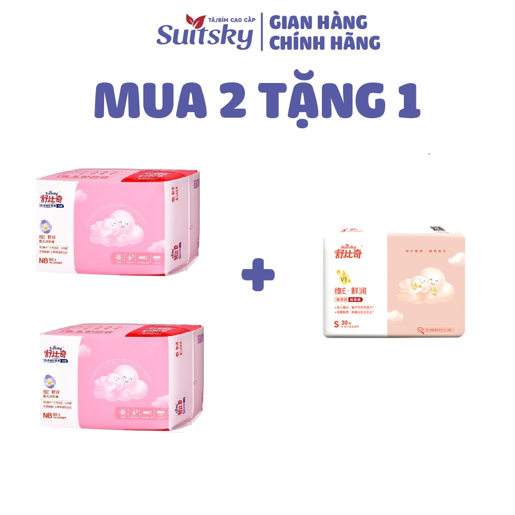 Combo 2 bịch Tã dán/ bỉm dán Suitsky Vitamin E cho da nhạy cảm NB60 (60 miếng - 0-4kg) - tặng 1 size S30