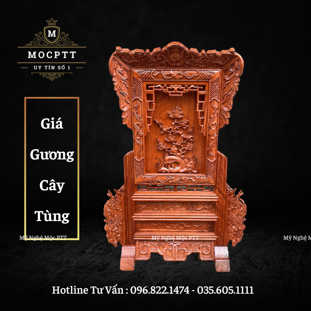 Giá Gương thờ Cây Tùng gỗ Hương kích thước Cao 81 x 55 x 17 Cm đồ thờ cúng