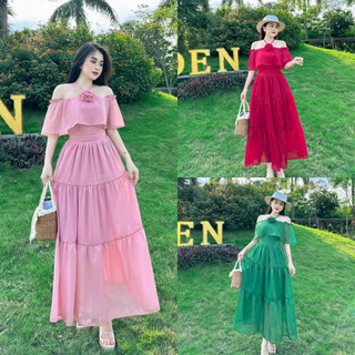 Đầm váy nữ maxi trễ vai phối nơ ngực với tone 2 màu xinh xắn dành cho các nàng đi chơi, đi du lịch, thời trang nữ MOON