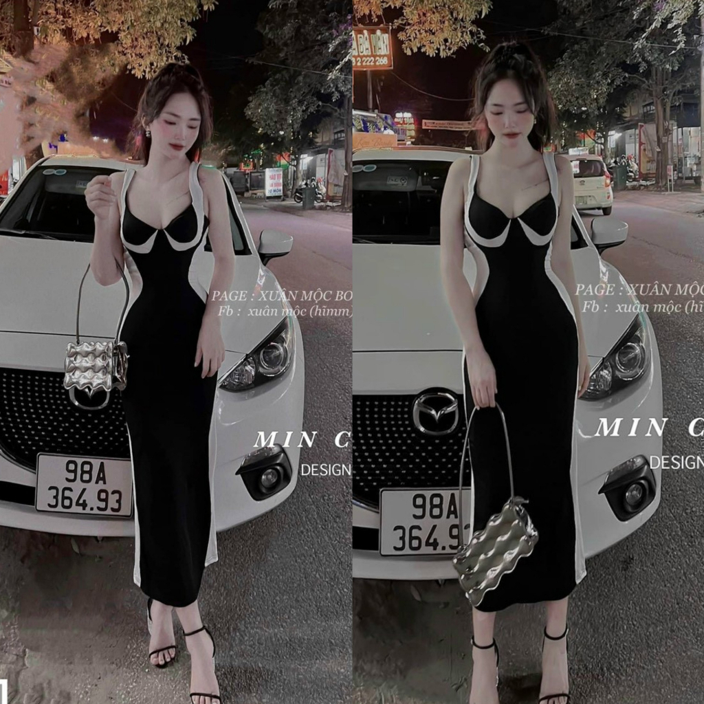 Đầm thun hai dây ôm body quyến dũ phối 2 màu kèm mút ngực cho nàng đi chơi, dạo phố