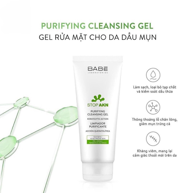 {HÀNG CÔNG TY} Sữa rửa mặt BABE Stop AKN Purifying Cleansing Gel chuyên sâu cho da dầu mụn, da nhạy cảm 200ml