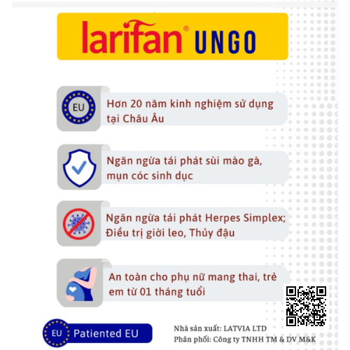 Larifan Ungo 10g Kem bôi Sùi mào gà, Mụn cóc sinh dục, Herpes.