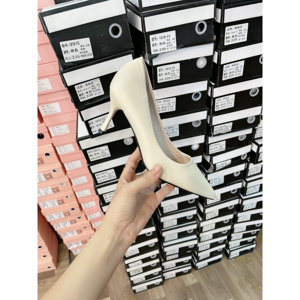 Giày cao gót công sở basic nữ mũi nhọn trơn da lì gót 7 phân Quảng Châu cao cấp full box- Mã BQ0020