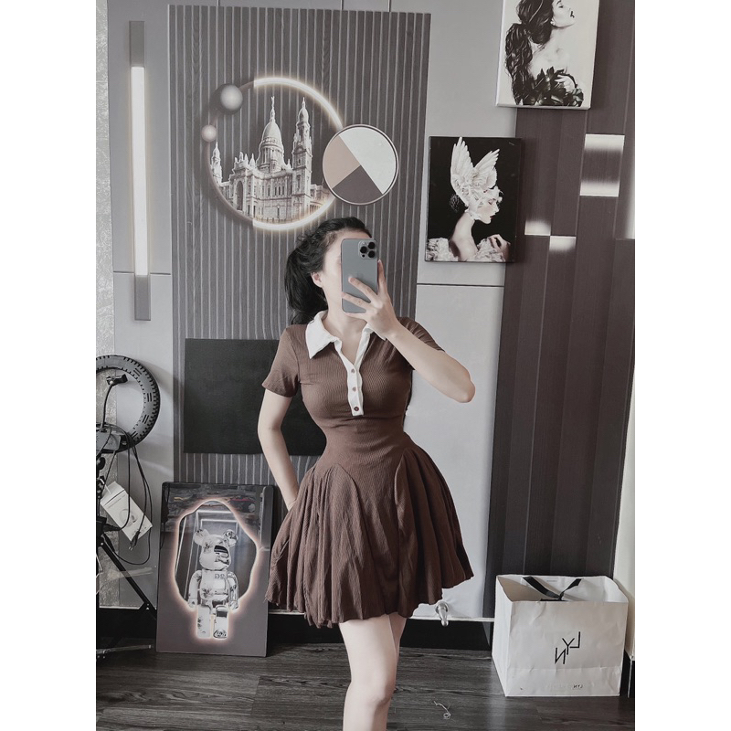 Set đầm xoè tùng cổ polo nút phối kèm quần