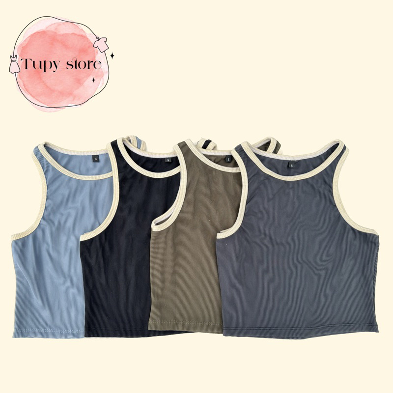 Áo croptop ba lỗ viền trắng kem - áo 3 lỗ croptop viền