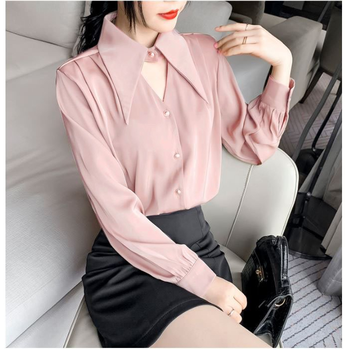 Áo cổ sơ mi nhọn cách điệu sang chảnh chất tơ nhung mềm mại loại 1