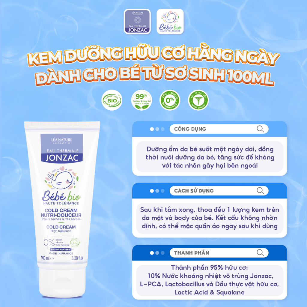 Kem Dưỡng Hữu Cơ Nuôi Dưỡng Da Bé Eau Thermale Jonzac Bébé Bio Nutri Gentle Cold Cream 100ml