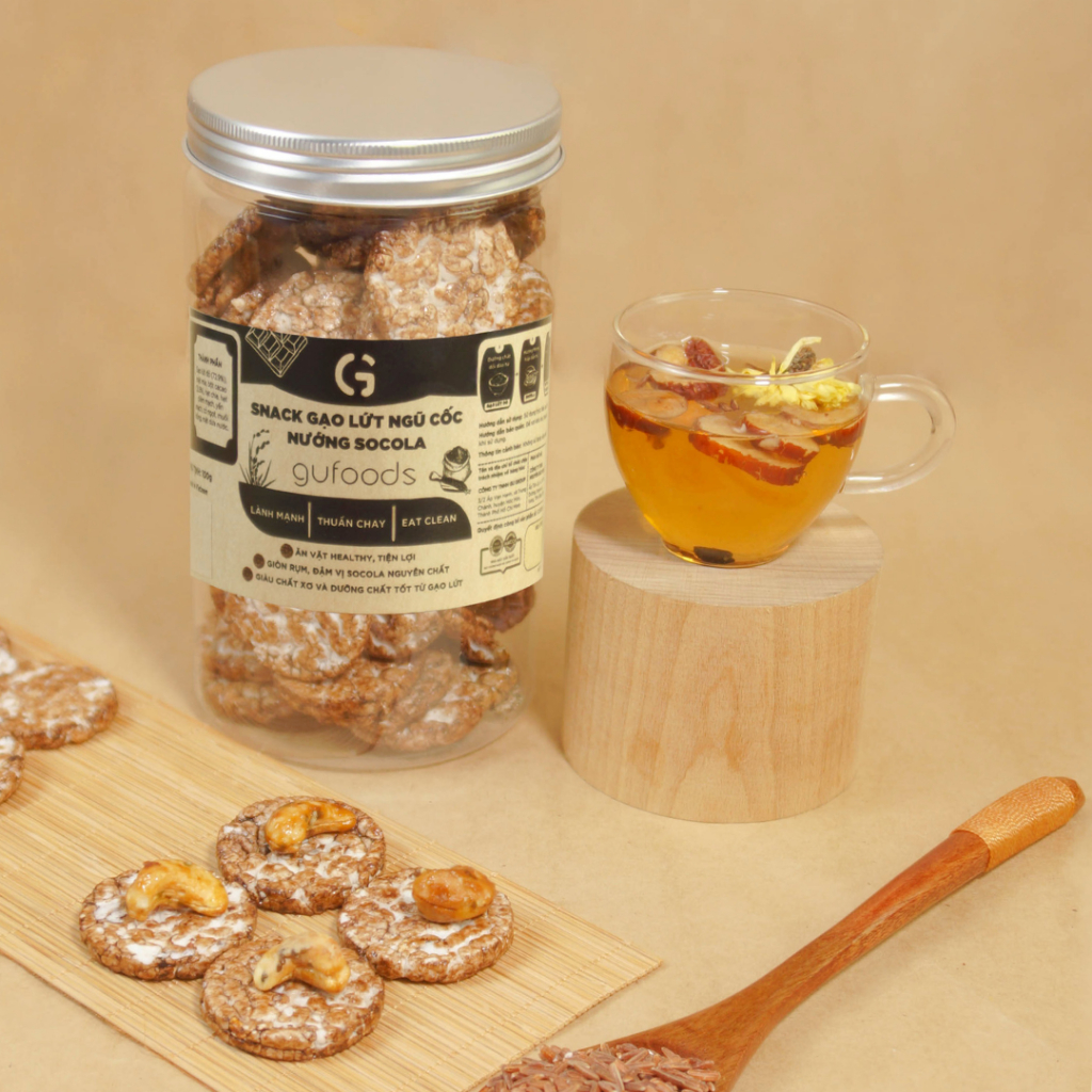 Snack gạo lứt ngũ cốc nướng socola GUfoods (Hũ 100g) - Giòn rụm, Thơm ngon, Ăn vặt healthy, Eat clean, Thuần chay