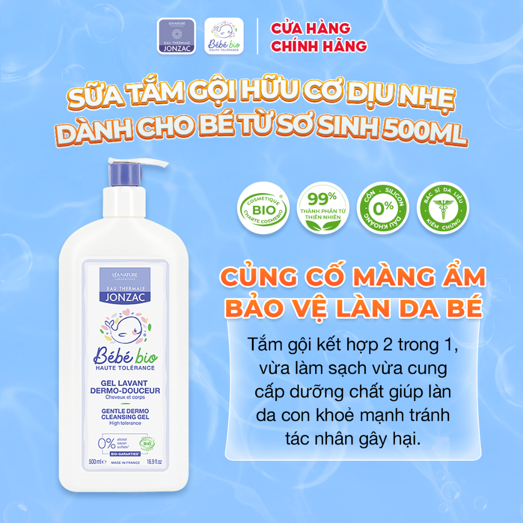 Sữa Tắm Gội Hữu Cơ Dịu Nhẹ Cho Bé Eau Thermale Jonzac Bébé Bio Gentle Dermo Cleansing Gel 250 - 500ml