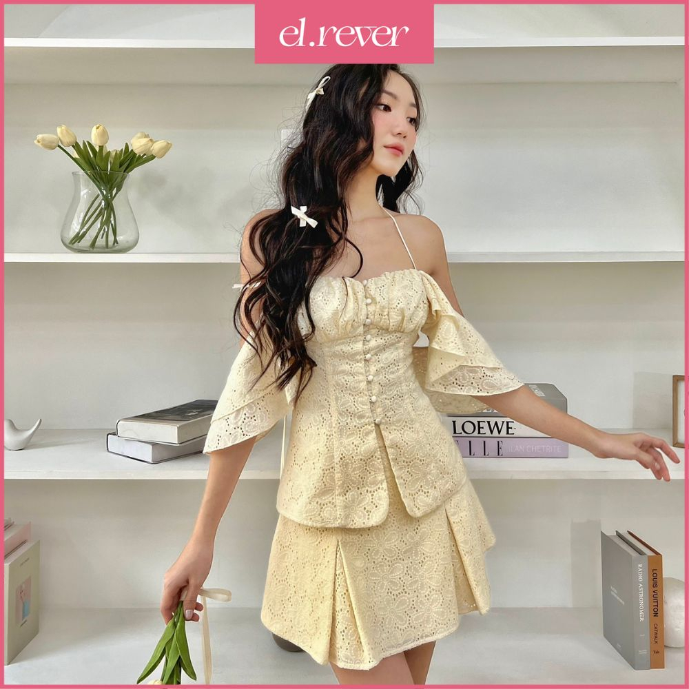 ELRÊVER - Set áo kiểu và chân váy lưng cao - Màu kem - 0423S44