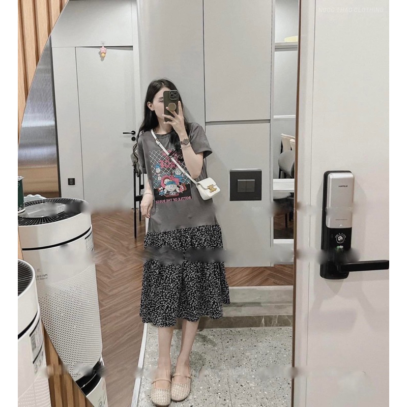 Váy nữ suông cotton in hình chân váy hoạ tiết ghi xám
