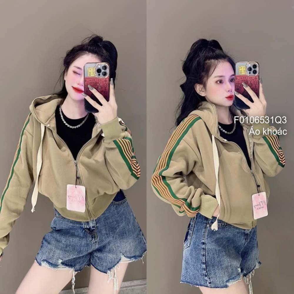 Áo khoác nỉ có nón tay dài phối viền sọc