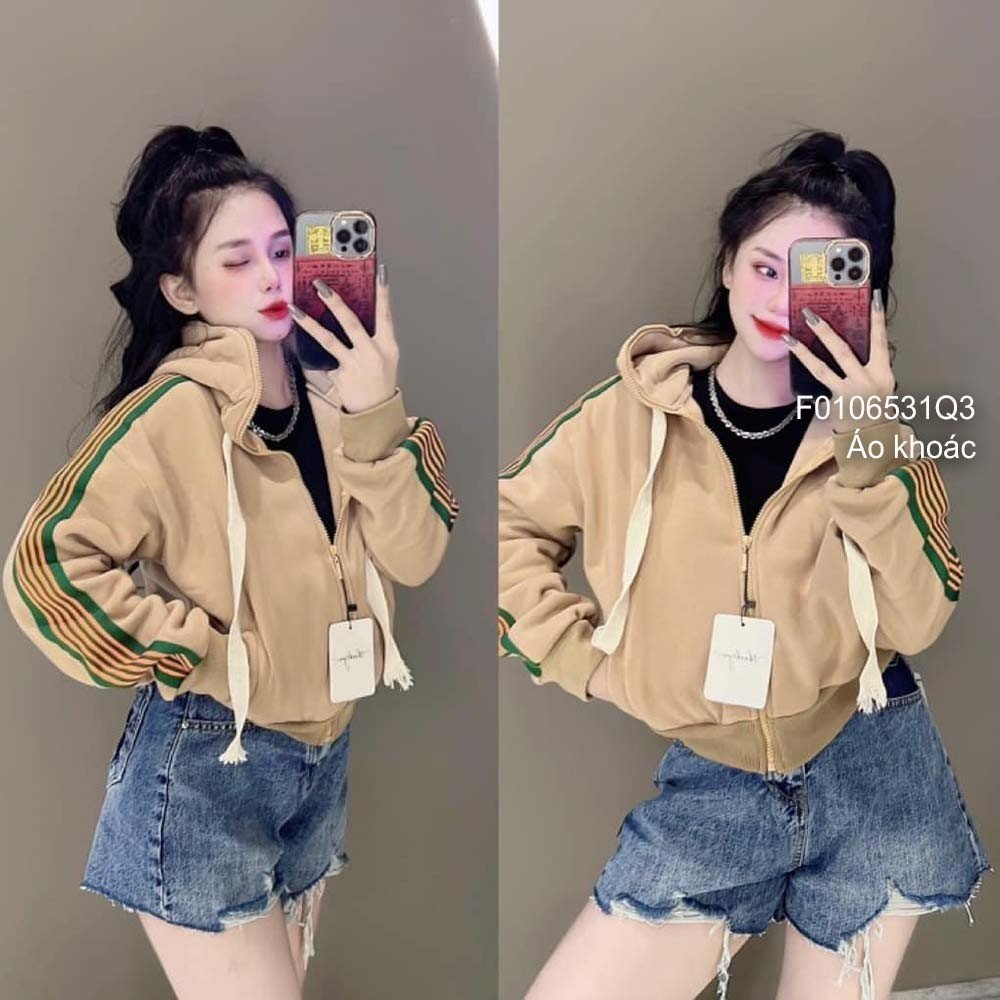 Áo khoác nỉ có nón tay dài phối viền sọc