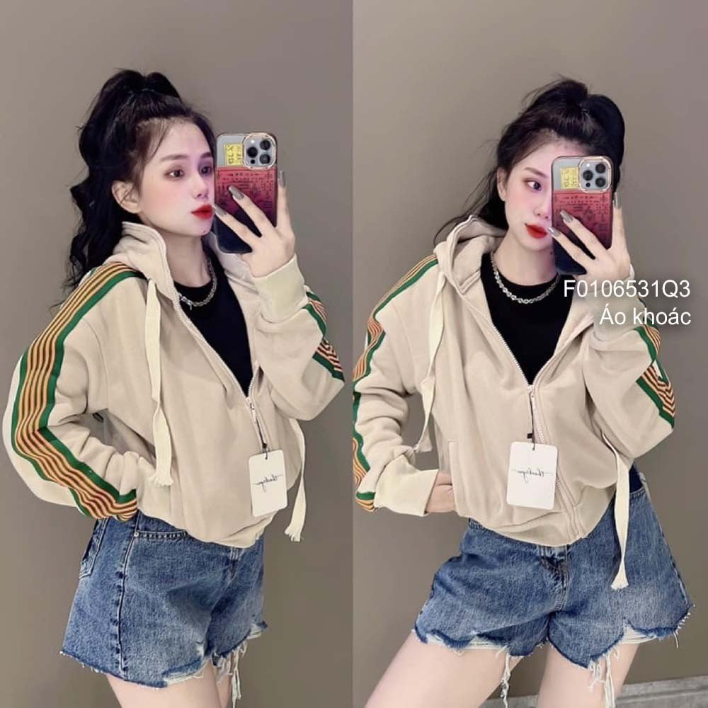 Áo khoác nỉ có nón tay dài phối viền sọc