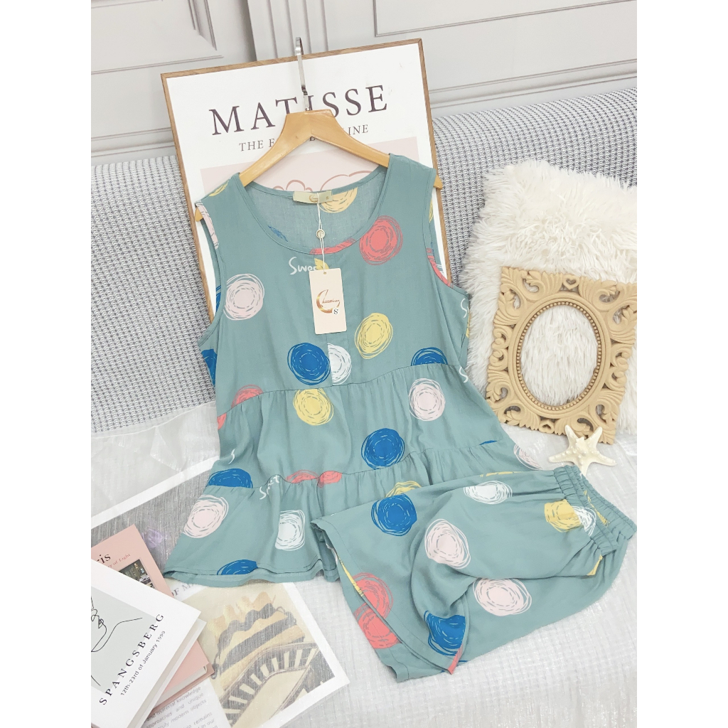 Bộ đồ ngủ lanh mặc nhà Chillwear, set đồ áo gile quần đùi cho nữ họa tiết chấm tròn chất lanh thoáng mát phối bèo