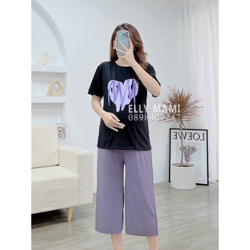 BỘ ĐỒ BẦU THUN TĂM QUẦN CÓ CHUN CHỈNH MÀU TÍM MỘNG MƠ